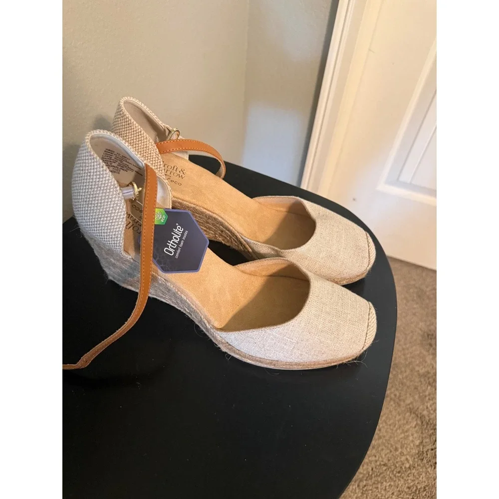 Croft & Barrow Georgina Linen Espadrille Wedge Sandal Tan Ankle Strap Wmn 11 NWt